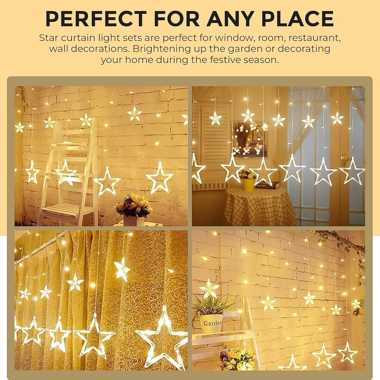 3385 12 Stars Led Curtain String Lights With 8 Flashing Modes For Home Decoration Diwali  Wedding Led Christmas Light Indoor And Outdoor Light Festival Decoration  (Warm White)